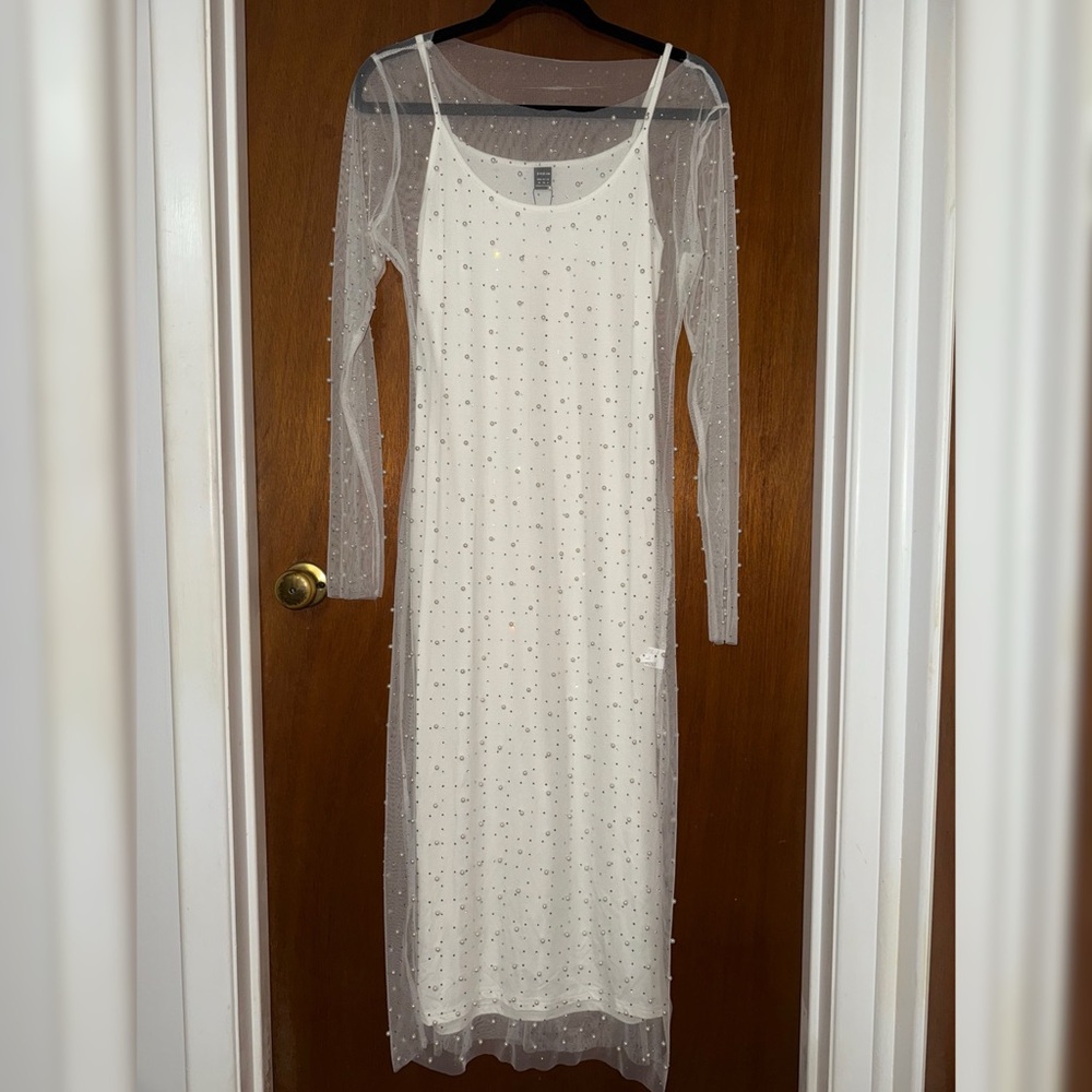 White Sheer Pearl Dress with White Bodycon Dress